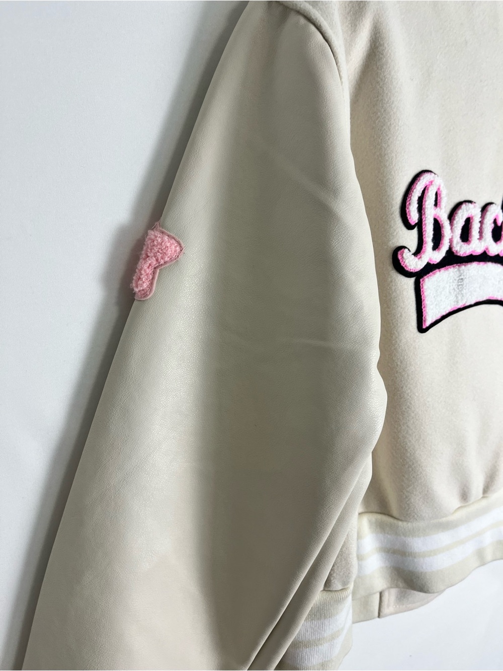 Cream Varsity Jacket with Pink & Yellow Patchwork - Picture 5 of 13